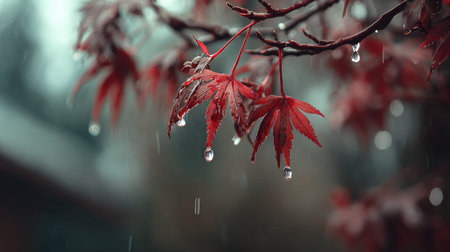Soft rain falling gently on Maple, with water droplets forming and slowly dripping. The background...