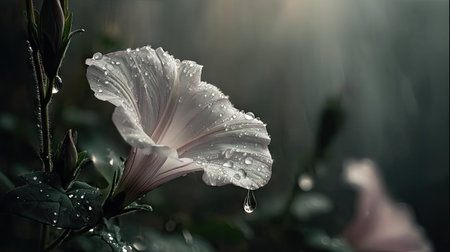 Soft rain falling gently on Moonflower, with water droplets forming and slowly dripping. The...
