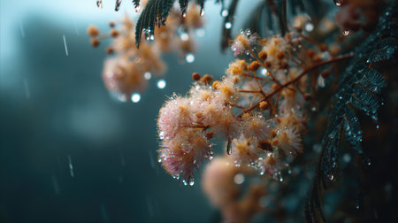 Soft rain falling gently on Mimosa, with water droplets forming and slowly dripping. The background is softly blurred with a natural, moody atmosphere.の写真素材