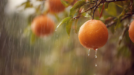 Soft rain falling gently on orange, with water droplets forming and slowly dripping. The background...