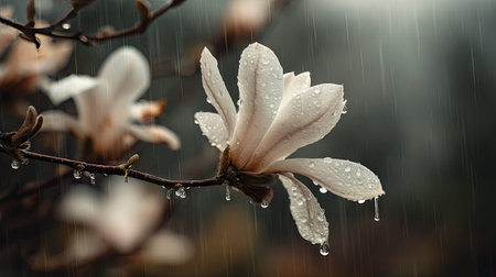 Soft rain falling gently on Magnolia, with water droplets forming and slowly dripping. The...