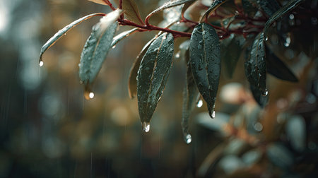 Soft rain falling gently on Laurel, with water droplets forming and slowly dripping. The background...
