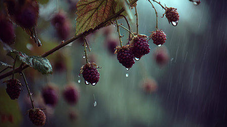 Soft rain falling gently, with water droplets forming and slowly dripping. The background is softly...