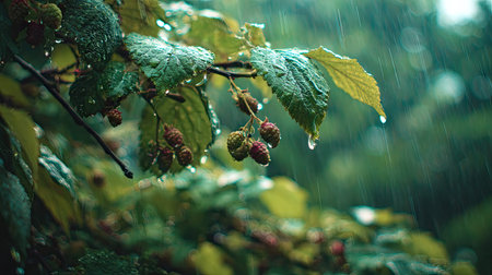 Soft rain falling gently on Mulberry tree, with water droplets forming and slowly dripping. The...
