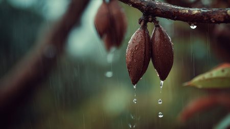 Soft rain falling gently on Kola nut, with water droplets forming and slowly dripping. The...