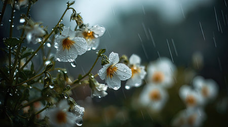 Soft rain falling gently on Nemesia, with water droplets forming and slowly dripping. The background...