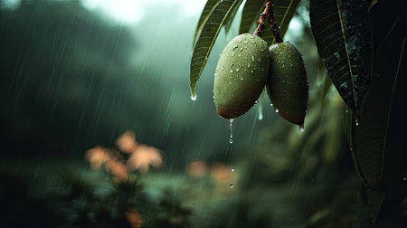 Soft rain falling gently on Mango, with water droplets forming and slowly dripping. The background...