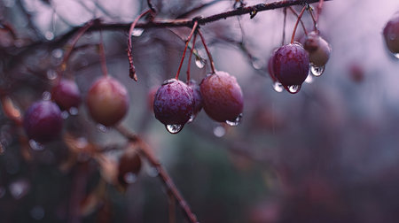 Soft rain falling gently on Damson, with water droplets forming and slowly dripping. The background...