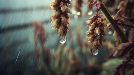 Soft rain falling gently on Horseradish, with water droplets forming and slowly dripping. The...