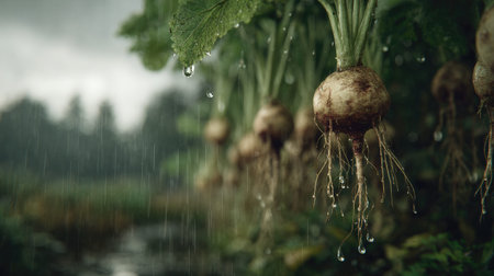 Soft rain falling gently on Daikon, with water droplets forming and slowly dripping. The background...