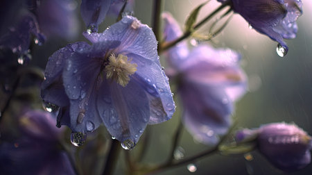 Soft rain falling gently on Delphinium, with water droplets forming and slowly dripping. The...