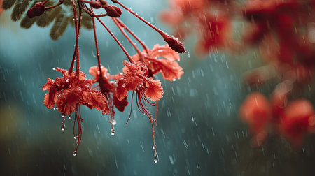 Soft rain falling gently on Flame tree, with water droplets forming and slowly dripping. The background is softly blurred with a natural, moody atmosphere.の写真素材