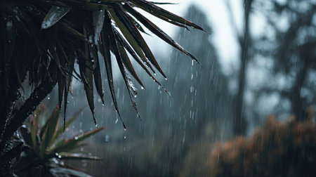 Soft rain falling gently on Dragon tree, with water droplets forming and slowly dripping. The...