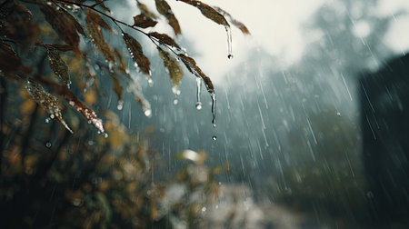 Soft rain falling gently, with water droplets forming and slowly dripping. The background is softly blurred with a natural, moody atmosphere.の写真素材