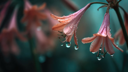 Soft rain falling gently on Nerine, with water droplets forming and slowly dripping. The background is softly blurred with a natural, moody atmosphere.の写真素材