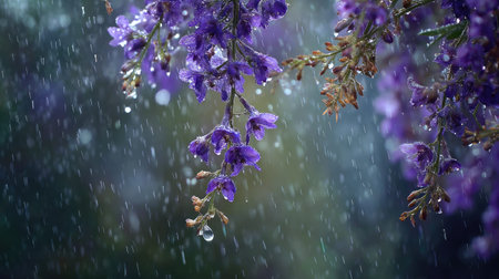 Soft rain falling gently on Larkspur, with water droplets forming and slowly dripping. The...