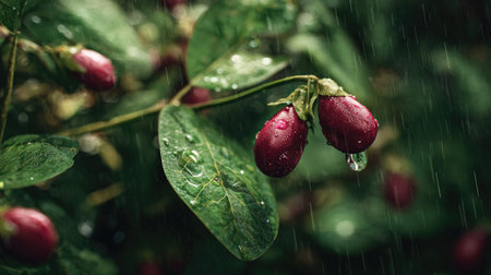 Gentle light rain, soft raindrops visible on vivid green leaves, natural realistic style, bright...
