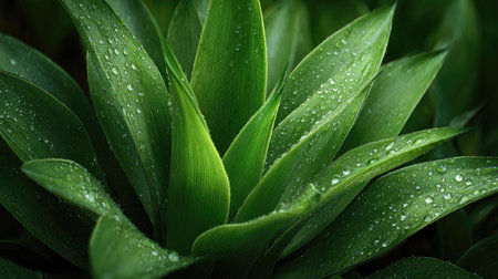 Agave in gentle light rain, soft raindrops visible on vivid green leaves, natural realistic style,...