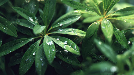 Anise in gentle light rain, soft raindrops visible on vivid green leaves, natural realistic style,...