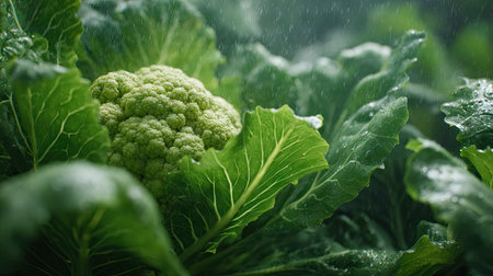 Cauliflower in gentle light rain, soft raindrops visible on vivid green leaves, natural realistic...