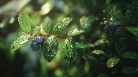Bilberry in gentle light rain, soft raindrops visible on vivid green leaves, natural realistic...