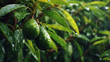 Avocado tree in gentle light rain, soft raindrops visible on vivid green leaves, natural realistic style, bright fresh colors, balanced wide composition, cinematic framing, highly detailed, seamless for video continuation.の写真素材