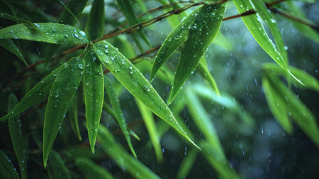 Bamboo shoot in gentle light rain, soft raindrops visible on vivid green leaves, natural realistic...