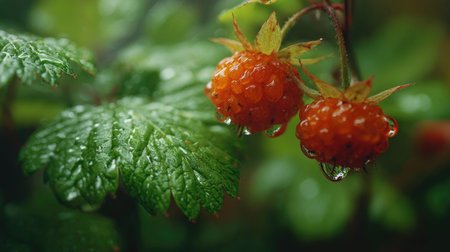 In gentle light rain, soft raindrops visible on vivid green leaves, natural realistic style, bright...