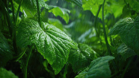 Cucumber in gentle light rain, soft raindrops visible on vivid green leaves, natural realistic...