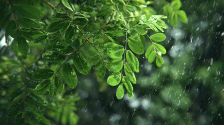 Black locust in gentle light rain, soft raindrops visible on vivid green leaves, natural realistic style, bright fresh colors, balanced wide composition, cinematic framing, highly detailed, seamless for video continuation.の写真素材