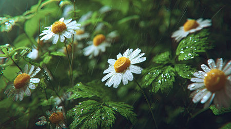German chamomile in gentle light rain, soft raindrops visible on vivid green leaves, natural realistic style, bright fresh colors, balanced wide composition, cinematic framing, highly detailed, seamless for video continuation.の写真素材