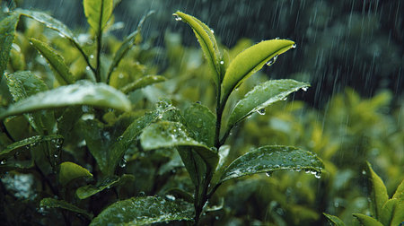 Green tea in gentle light rain, soft raindrops visible on vivid green leaves, natural realistic...