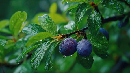 Damson in gentle light rain, soft raindrops visible on vivid green leaves, natural realistic style,...