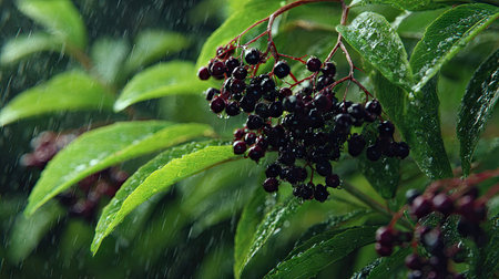 Elderberry in gentle light rain, soft raindrops visible on vivid green leaves, natural realistic...