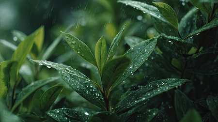 Laurel in gentle light rain, soft raindrops visible on vivid green leaves, natural realistic style,...
