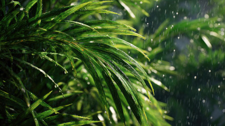 Date palm in gentle light rain, soft raindrops visible on vivid green leaves, natural realistic...