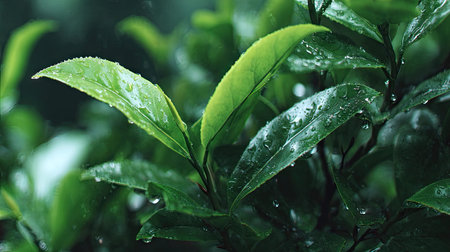 Camellia sinensis in gentle light rain, soft raindrops visible on vivid green leaves, natural...
