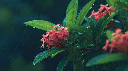 Ixora in gentle light rain, soft raindrops visible on vivid green leaves, natural realistic style,...
