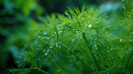 Dill in gentle light rain, soft raindrops visible on vivid green leaves, natural realistic style, bright fresh colors, balanced wide composition, cinematic framing, highly detailed, seamless for video continuation.の写真素材