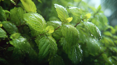 Holy basil in gentle light rain, soft raindrops visible on vivid green leaves, natural realistic...