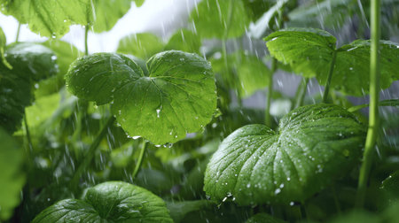 Jute mallow in gentle light rain, soft raindrops visible on vivid green leaves, natural realistic...