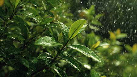 Nance in gentle light rain, soft raindrops visible on vivid green leaves, natural realistic style,...