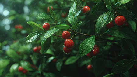 Mayhaw in gentle light rain, soft raindrops visible on vivid green leaves, natural realistic style,...