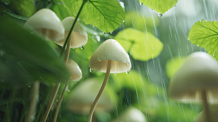 Enoki mushroom in gentle light rain, soft raindrops visible on vivid green leaves, natural realistic...