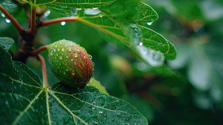 Fig in gentle light rain, soft raindrops visible on vivid green leaves, natural realistic style, bright fresh colors, balanced wide composition, cinematic framing, highly detailed, seamless for video continuation.の写真素材