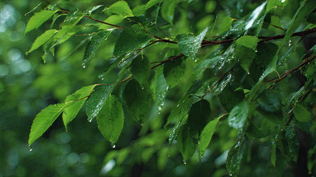 American elm in gentle light rain, soft raindrops visible on vivid green leaves, natural realistic...