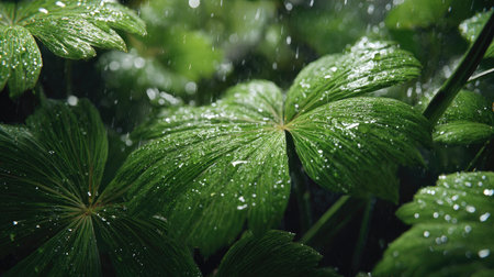 Gentle light rain, soft raindrops visible on vivid green leaves, natural realistic style, bright...