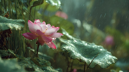 Lotus in gentle light rain, soft raindrops visible on vivid green leaves, natural realistic style, bright fresh colors, balanced wide composition, cinematic framing, highly detailed, seamless for video continuation.の写真素材