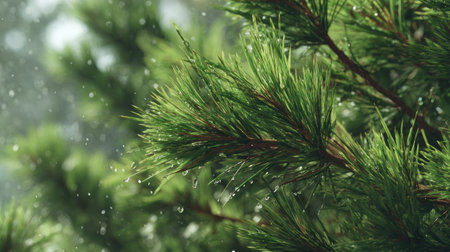 Ponderosa pine in gentle light rain, soft raindrops visible on vivid green leaves, natural realistic...