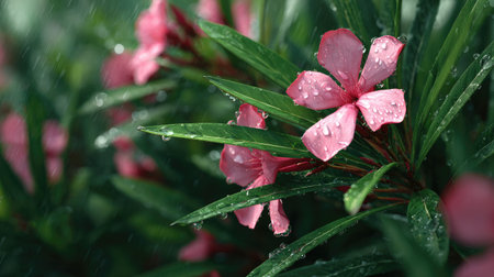 Oleander in gentle light rain, soft raindrops visible on vivid green leaves, natural realistic...